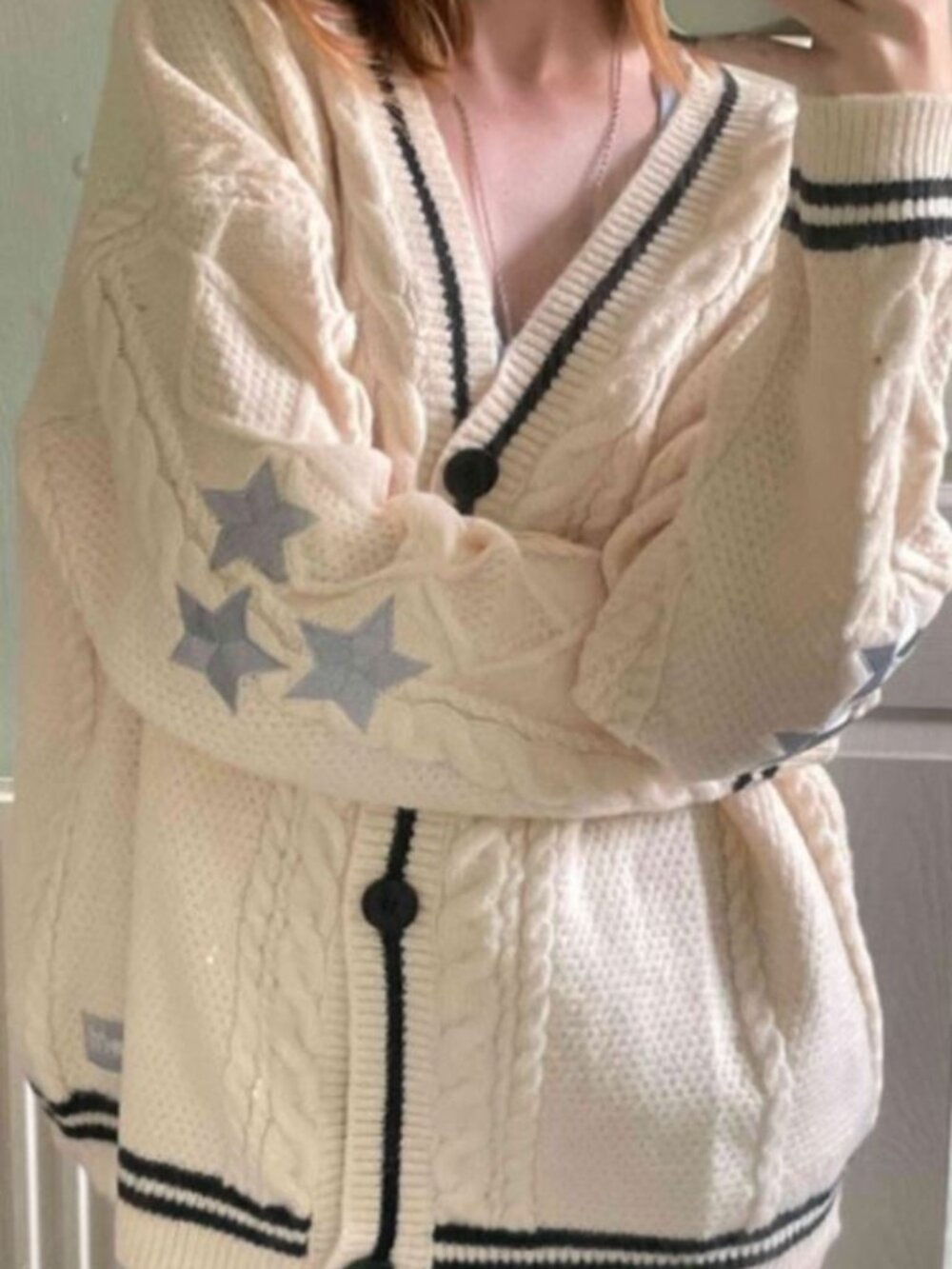 Folklore Cream Cable-Knit Cardigan With Embroidered Stars